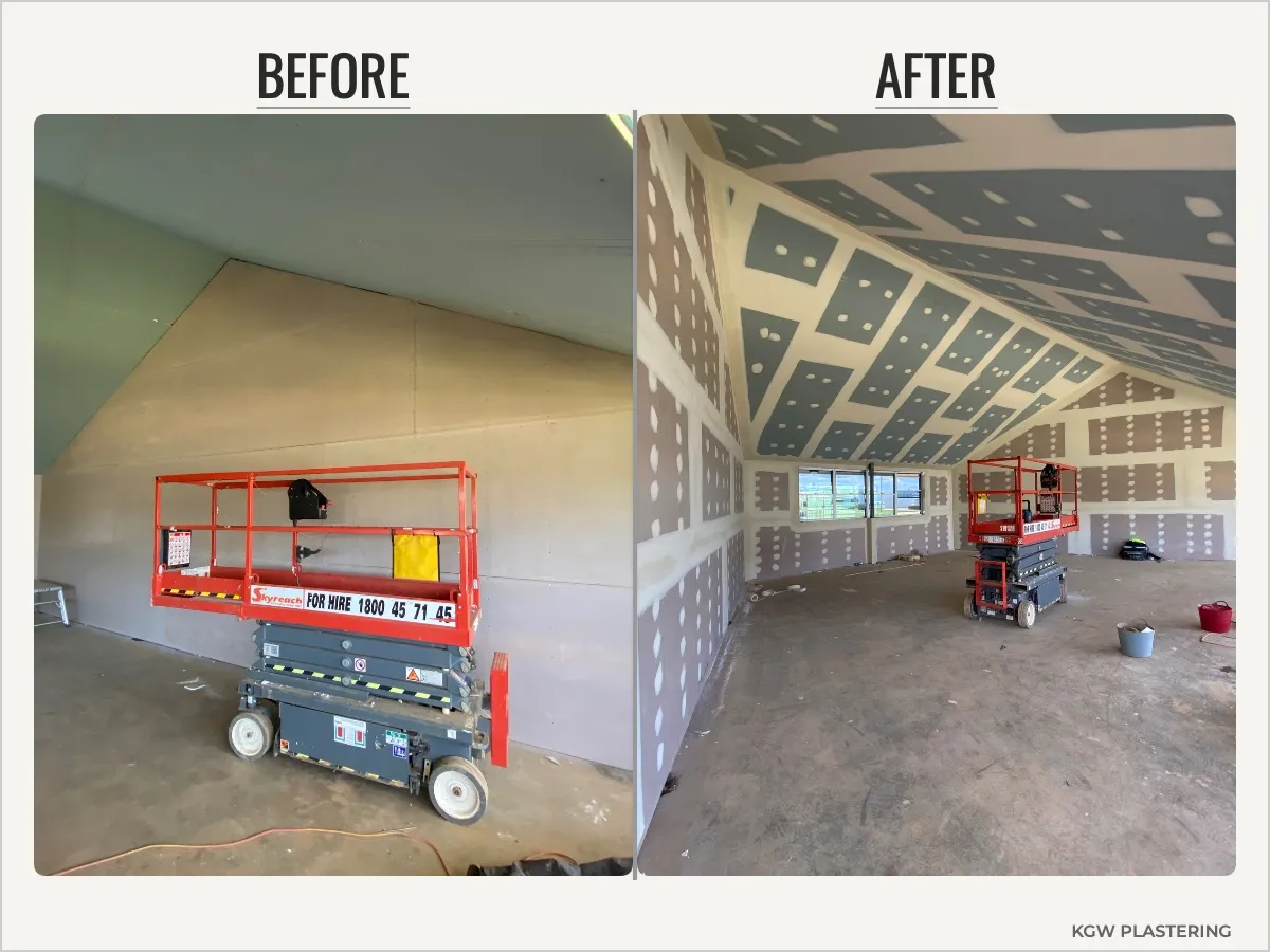 Ceiling resheet before and after at Highlands Christian College classroom, Kearneys Spring Toowoomba by KGW Plastering